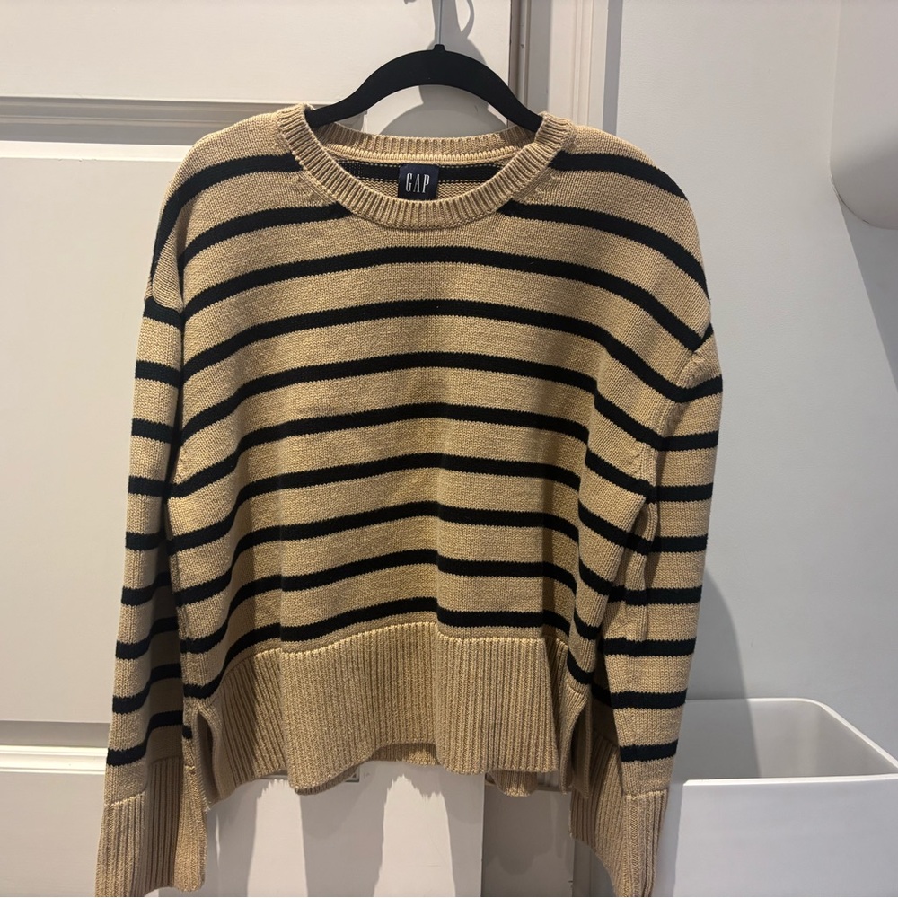 GAP Beige and Black Striped Crewneck Sweater